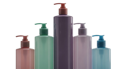 Colorful plastic bottles with pumps for shampoo, lotion, and soap
