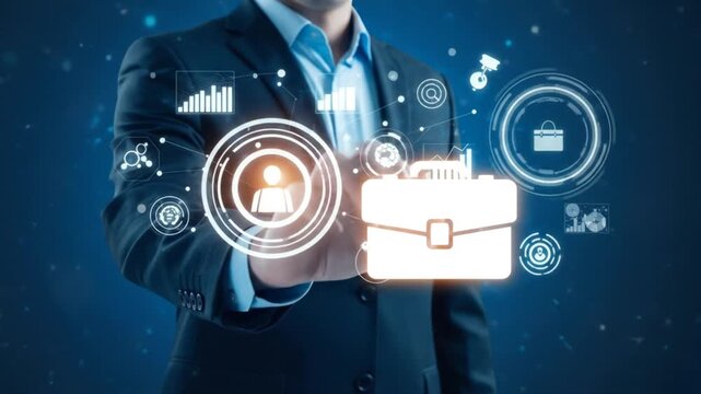 Businessperson touching interactive screen with glowing technology icons