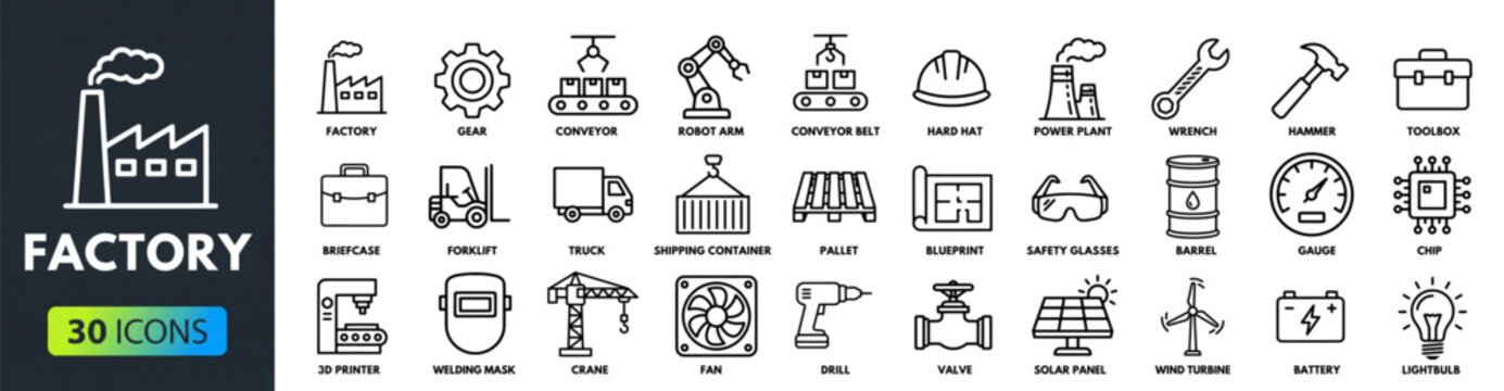 Factory and industrial manufacturing line icon set, isolated on white background.