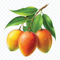 Obraz premium realistic fresh mango fruits hanging on a branch with green leaves in a natural setting with water drops isolated on transparent background
