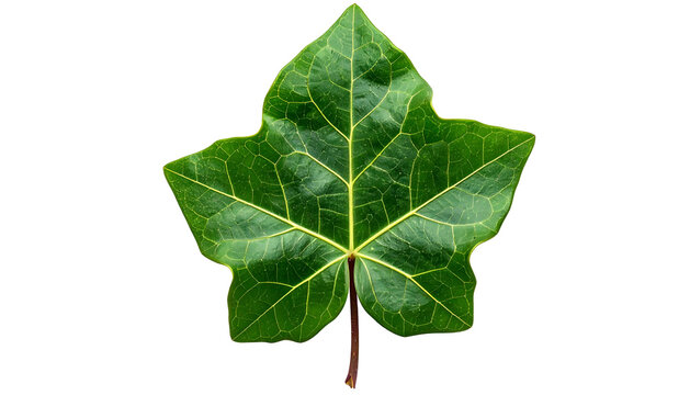 Close-up of a single, vibrant green ivy leaf isolated against a stark black background, showcasing intricate vein details