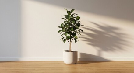 Fototapeta premium A potted fiddle-leaf fig casts a shadow on a light wood floor against a white wall in sunlight