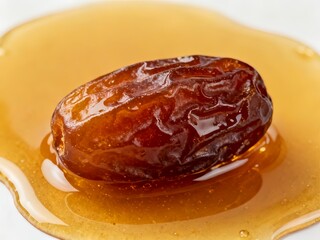 Close-up of dates on a pool of pure honey
