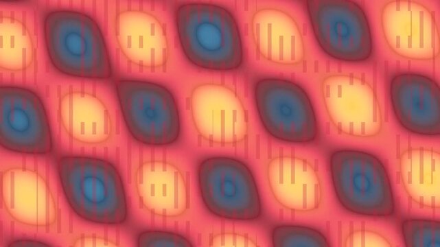 Abstract digital pattern featuring repeating eye-like shapes in warm and cool colors with vertical line textures.