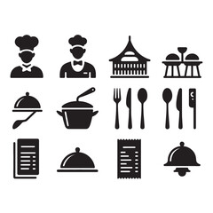 Food Service Vector Icon Set Restaurant Silhouettes and Line Art Elements