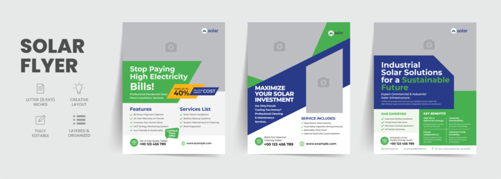 Solar Energy Business, Commercial Installation & Panel Cleaning Service Flyer Template