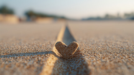Parallel sand tracks heart convergence Valentine romantic journey