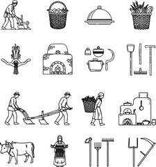 Traditional Village Life and Manual Agriculture Vector Illustration Set