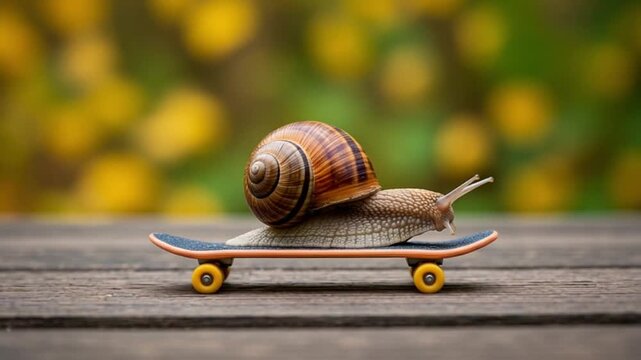 A snail rides a tiny skateboard