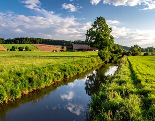 A serene countryside landscape with a winding stream