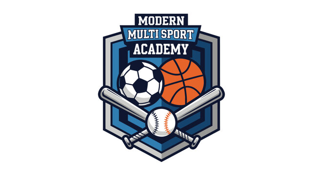 Modern Multi Sport Academy Emblem with Balls and Bats.