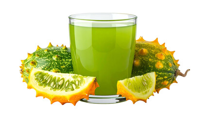 A vibrant glass filled with green, refreshing juice, surrounded by horned melon fruit pieces against black