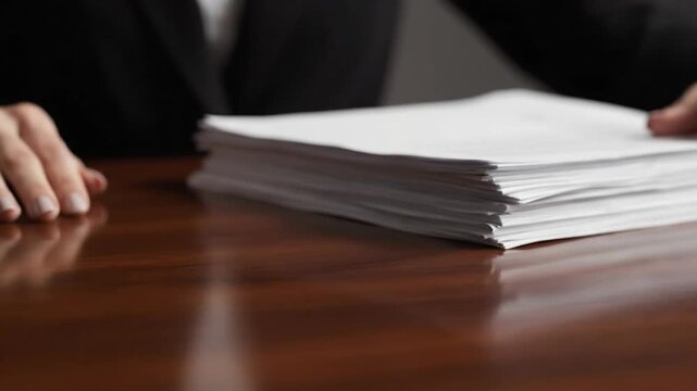 Lawyer or professional hands sorting through a stack of documents on a wooden desk.