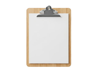Clipboard with blank paper on a wooden board