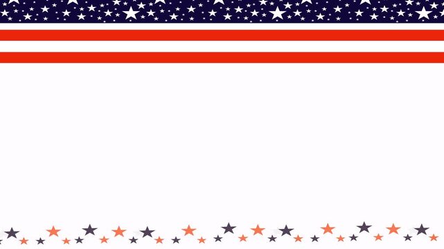 Animation patriotic background featuring American flag stars and stripes as a top border with red and blue star accents below, clean white copy space ideal for Independence Day, Presidents Day, and US