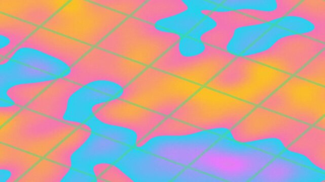A vibrant abstract background with fluid shapes in pink, orange, yellow, and blue, overlaid with a subtle diagonal grid pattern.
