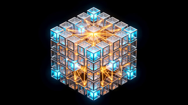 Advanced AI network visualization of a multi-agent system within a 3D isometric cube matrix, symbolizing enterprise technology and digital transformation.