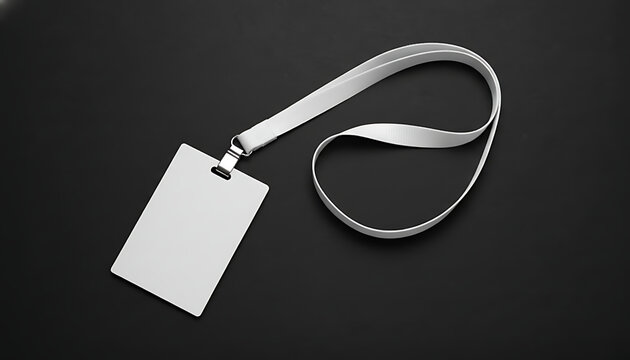 Blank white ID card mockup with lanyard on black background