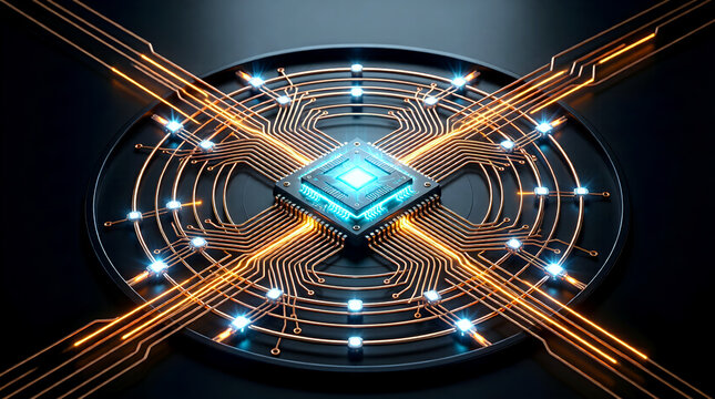 AI-powered swarm intelligence network on a futuristic circular circuit board, symbolizing enterprise data processing, automation, and centralized business intelligence technology.