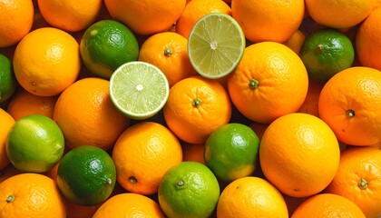 A vibrant overhead view of fresh oranges and limes, some sliced, creating a colorful and healthy fruit arrangement.