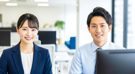 オフィスで働く日本人男女2人のポートレート