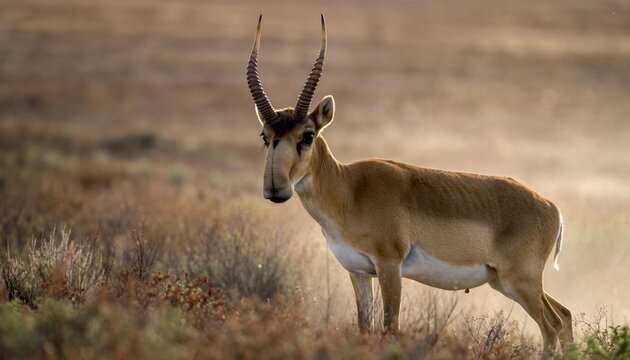 Majestic Saiga Antelope in Golden Hour Light in its Natural Steppe Habitat