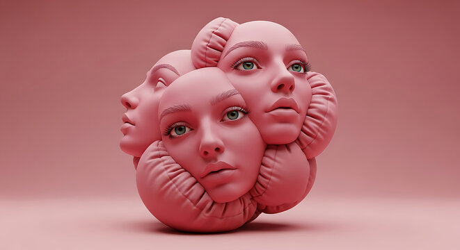 pink faces with inflated textures and green eyes clustered on pink backdrop representing identity and the inner self.