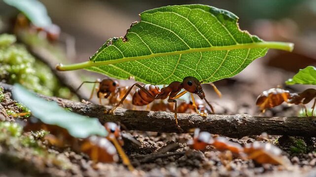 Leafcutter ants working together carrying green leaves on a branch in forest floor macro