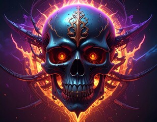 A vibrant digital illustration of a glowing skull with fiery eyes