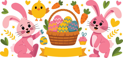 Obraz premium Cute Easter Bunny Clipart Set with Eggs, Carrots and Spring Flowers