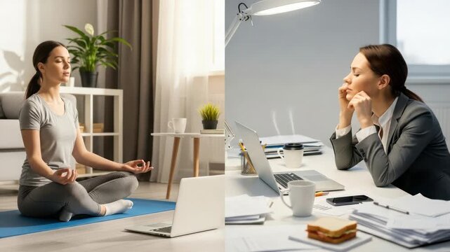 Woman meditating peacefully vs stressed businesswoman overwhelmed by work, split screen