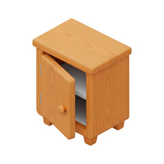 Isometric wooden bedside table with open door showing storage shelf, light wood texture, 3D render furniture icon