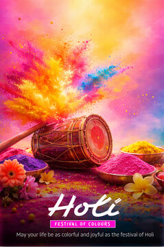 Colorful Holi powder explosion with festive atmosphere. Holi Festival of Colors Poster