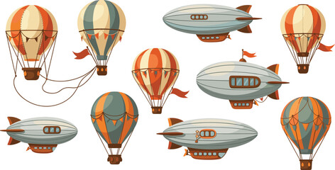 Vintage Hot Air Balloons and Airships Vector Set with Retro Flying Travel Illustration © EdGe Creative