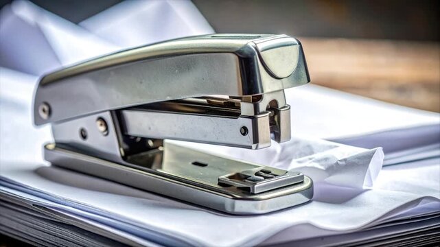 A metal stapler rests on a stack of white paper, close-up with shallow depth of field
