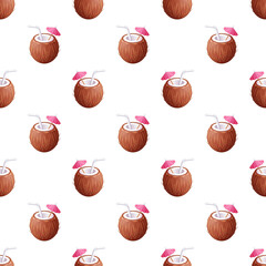 Coconut drink pattern with straw and pink umbrella on transparent background, seamless tropical cocktail design texture