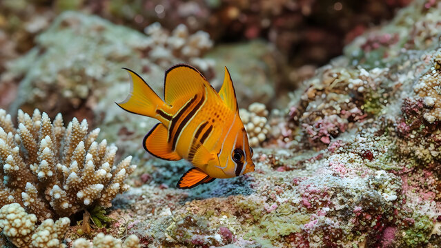 Yellow Surgeonfish (Zebrasoma scopas) Swimming Over a Colorful Coral Reef