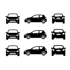 Obraz premium Flat black hatchback car icon vector set with front side and rear views on white background