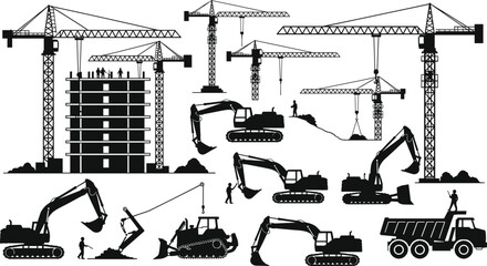 Construction site silhouettes featuring tower cranes, excavators, dump trucks and workers building urban infrastructure, isolated on white background © Tasnim