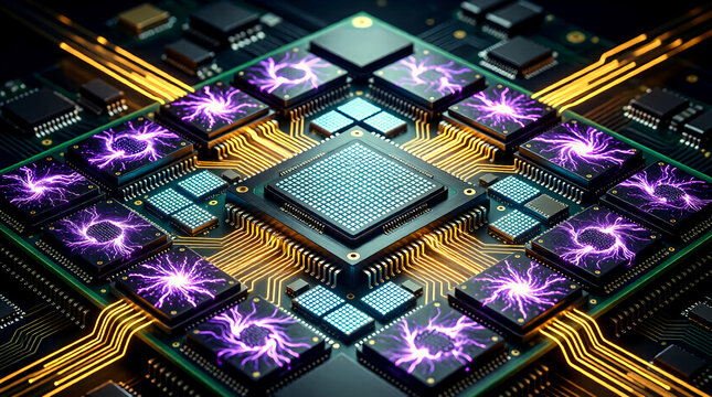Generative AI processing on a powerful GPU core, showcasing data flow and machine learning for enterprise technology and innovation.