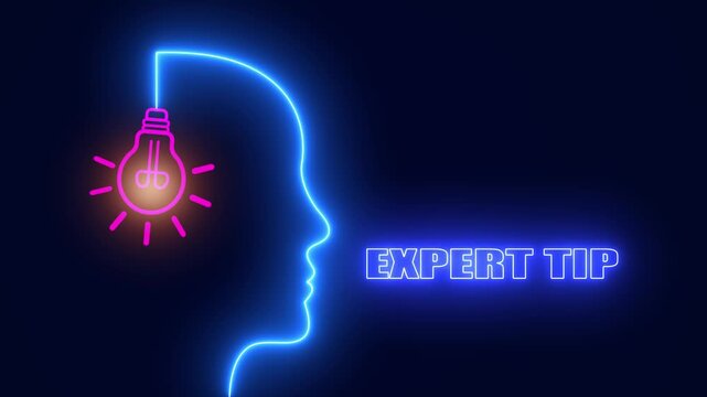 Neon head silhouette with glowing bulb and expert tip text, ideal for professional tutorials, business coaching, and masterclass videos,