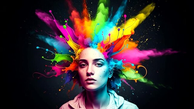 Woman with Colorful Paint Explosion on Head.