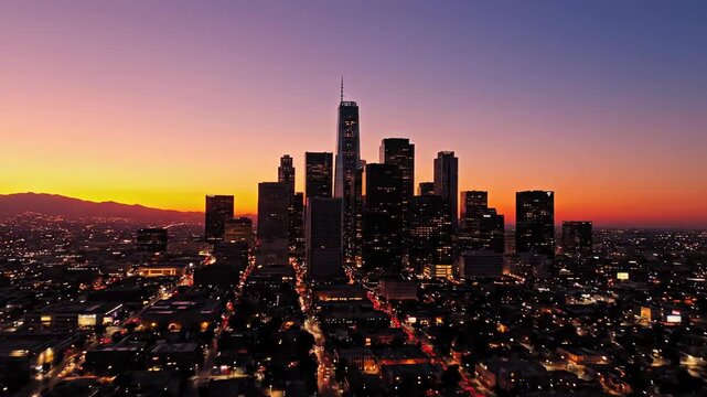 Los Angeles Skyline at Sunset: Aerial View of Downtown LA Skyscrapers and City Lights