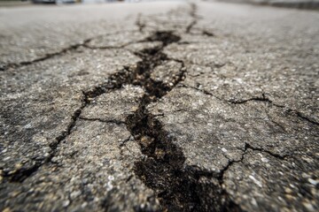Obraz premium Close-up shot of cracked asphalt pavement with a deep fissure running through the center, showing gravel