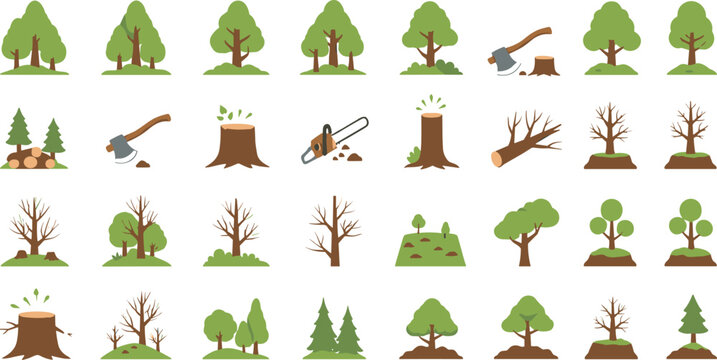 Set of forest tree growth and logging illustrations showing stumps, cut trees, branches, and greenery, flat cartoon vector elements for nature and ecology