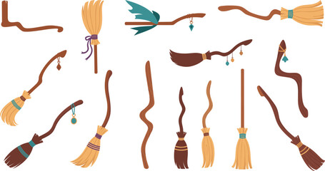 Set of magic broomsticks and enchanted branches illustrations, cartoon style fantasy vector elements for witchcraft, wizardry, fairy tales, and mystical designs © MstGulzan