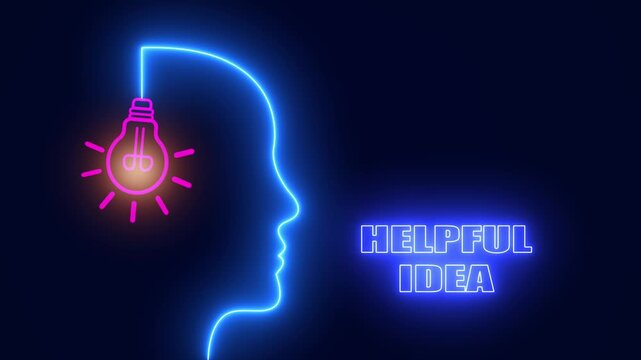 Helpful idea neon concept with a human head profile and glowing light bulb, great for problem solving content and creative advice