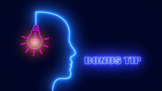 Neon human head outline with glowing pink light bulb and bonus tip text, perfect for rewarding educational content and life hacks