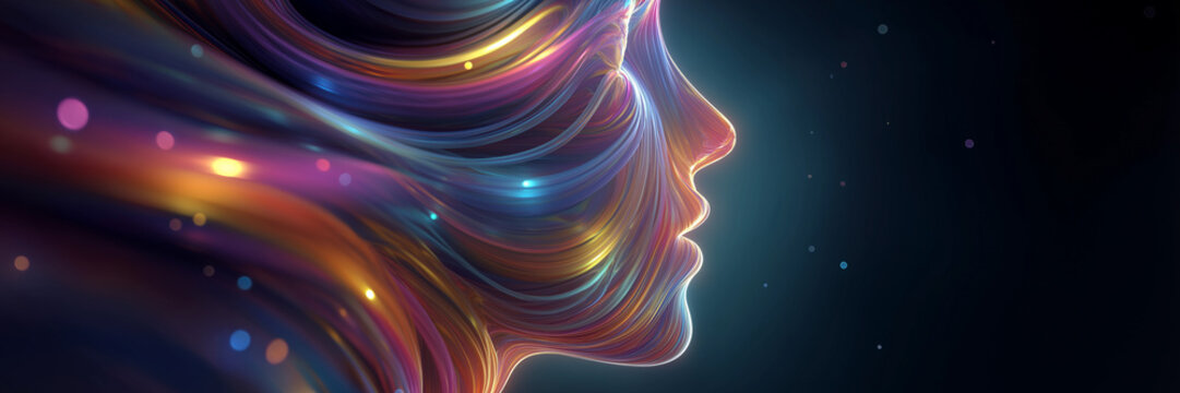 Abstract digital artwork depict futuristic human profile radiant neon tone copy space.