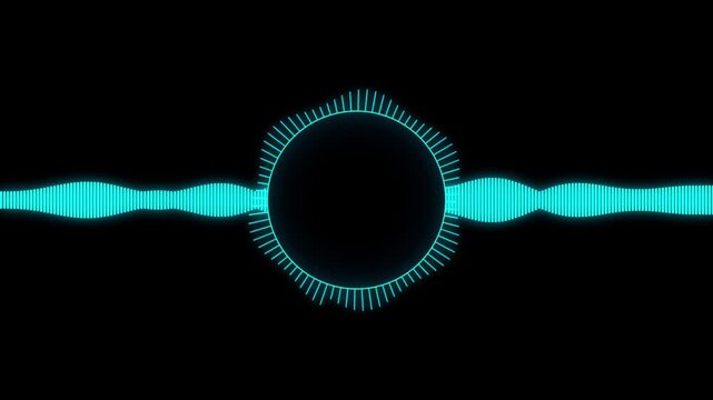 Audio spectrum visualizer animation. Cyan neon music waveform equalizer loop. Digital sound beat rhythm on black background.